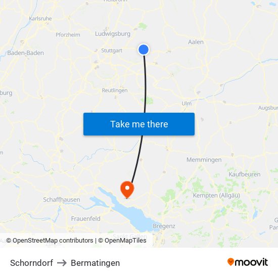 Schorndorf to Bermatingen map