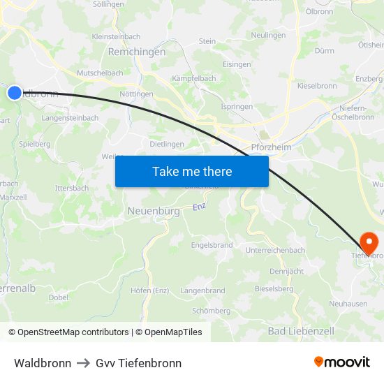 Waldbronn to Gvv Tiefenbronn map
