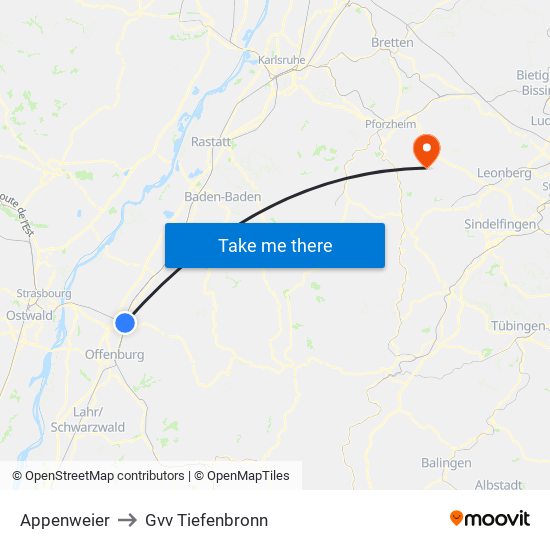 Appenweier to Gvv Tiefenbronn map