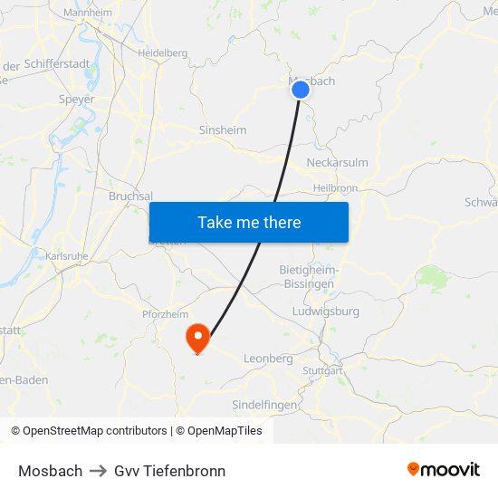 Mosbach to Gvv Tiefenbronn map