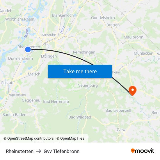 Rheinstetten to Gvv Tiefenbronn map