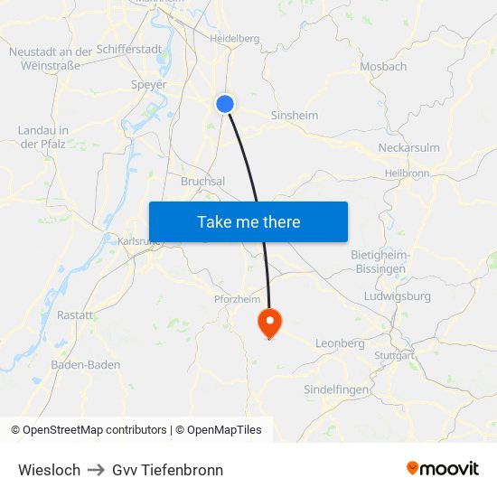 Wiesloch to Gvv Tiefenbronn map