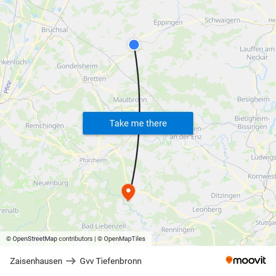 Zaisenhausen to Gvv Tiefenbronn map