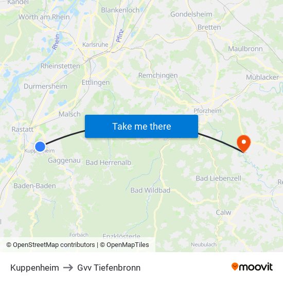 Kuppenheim to Gvv Tiefenbronn map