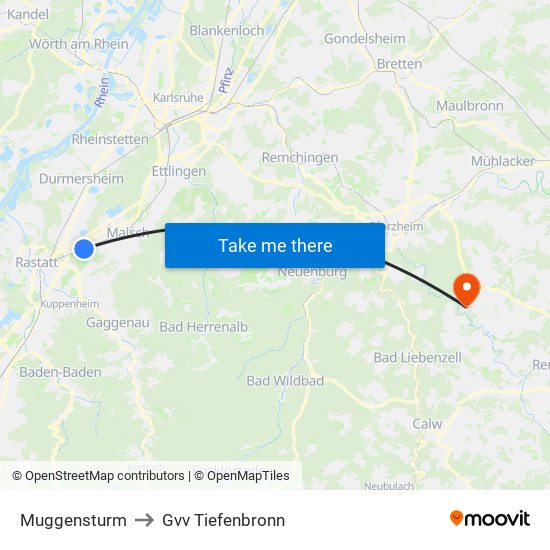 Muggensturm to Gvv Tiefenbronn map