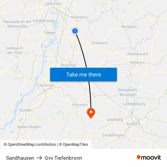 Sandhausen to Gvv Tiefenbronn map