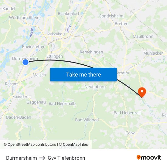 Durmersheim to Gvv Tiefenbronn map