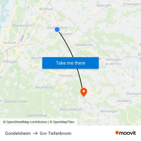 Gondelsheim to Gvv Tiefenbronn map