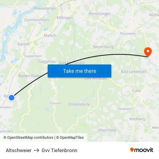 Altschweier to Gvv Tiefenbronn map