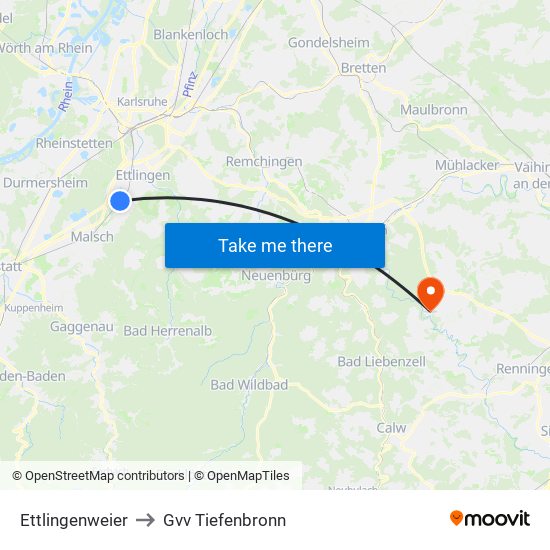 Ettlingenweier to Gvv Tiefenbronn map