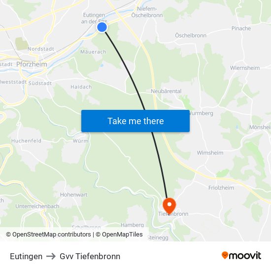 Eutingen to Gvv Tiefenbronn map