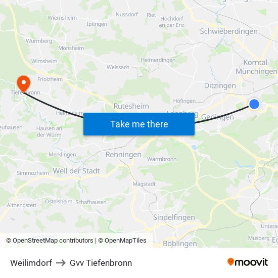 Weilimdorf to Gvv Tiefenbronn map