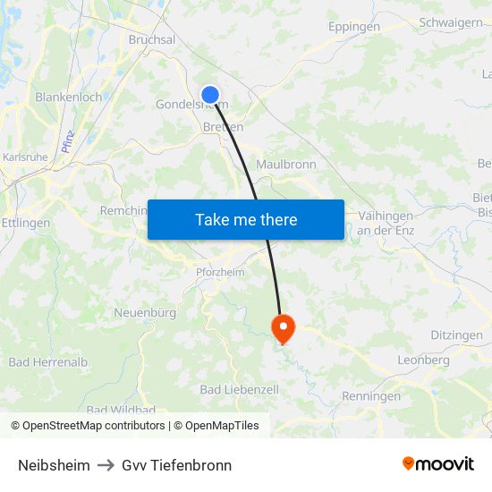 Neibsheim to Gvv Tiefenbronn map