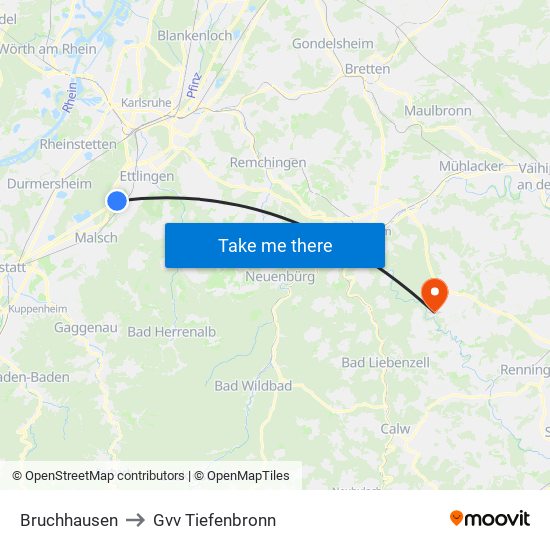 Bruchhausen to Gvv Tiefenbronn map