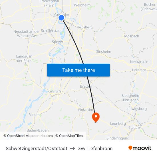 Schwetzingerstadt/Oststadt to Gvv Tiefenbronn map