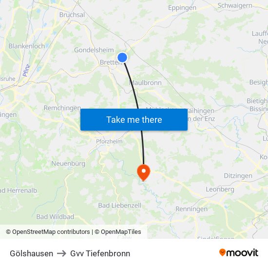 Gölshausen to Gvv Tiefenbronn map