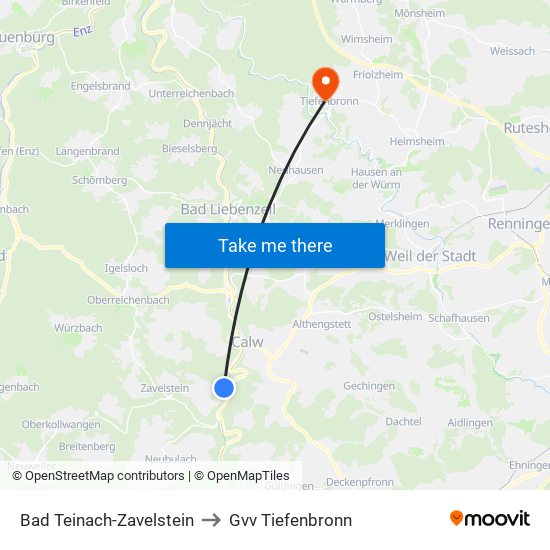 Bad Teinach-Zavelstein to Gvv Tiefenbronn map