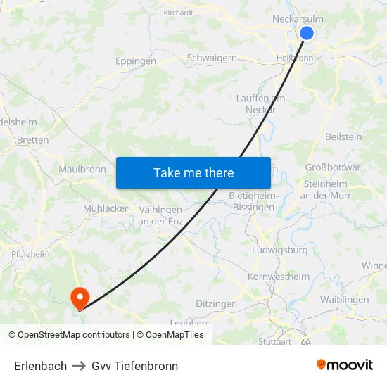 Erlenbach to Gvv Tiefenbronn map