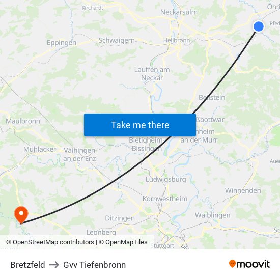 Bretzfeld to Gvv Tiefenbronn map