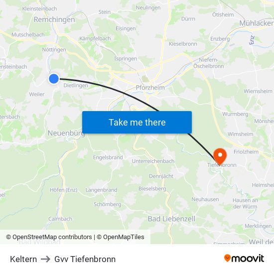 Keltern to Gvv Tiefenbronn map