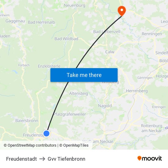Freudenstadt to Gvv Tiefenbronn map