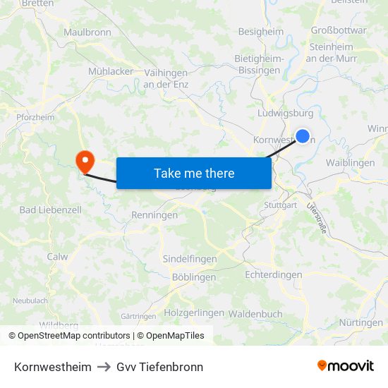 Kornwestheim to Gvv Tiefenbronn map