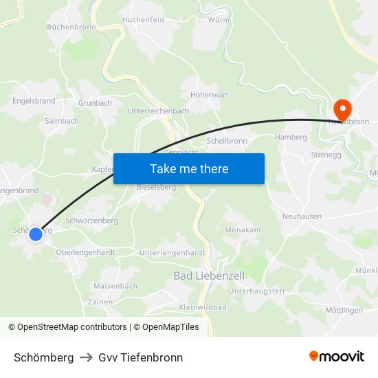 Schömberg to Gvv Tiefenbronn map