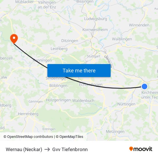 Wernau (Neckar) to Gvv Tiefenbronn map