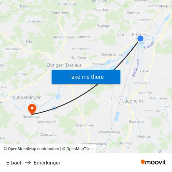 Erbach to Emerkingen map