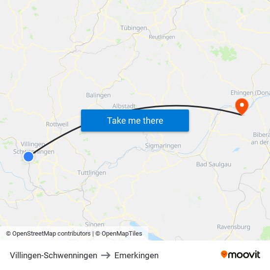 Villingen-Schwenningen to Emerkingen map