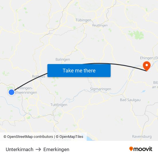 Unterkirnach to Emerkingen map