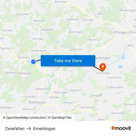 Zwiefalten to Emerkingen map