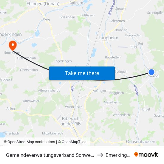 Gemeindeverwaltungsverband Schwendi to Emerkingen map