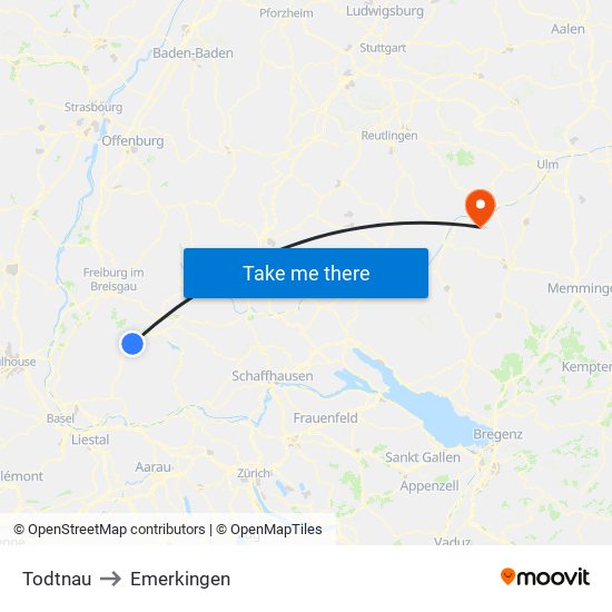 Todtnau to Emerkingen map