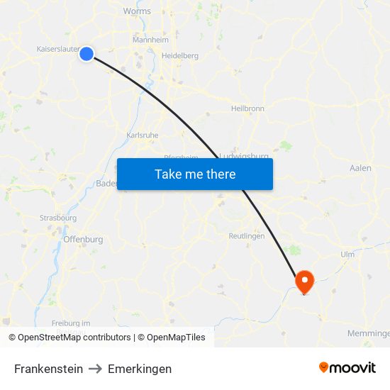 Frankenstein to Emerkingen map