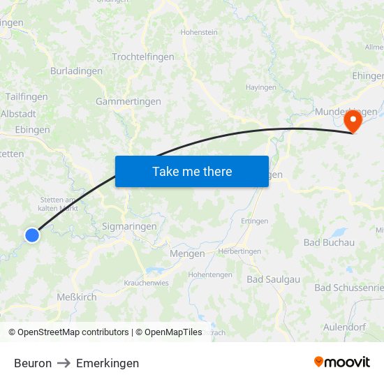 Beuron to Emerkingen map