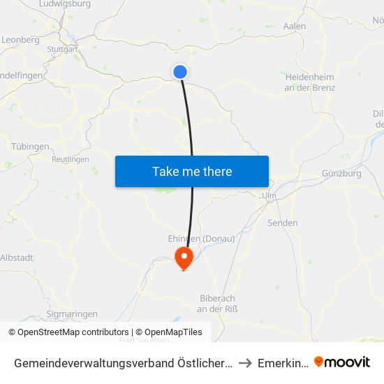 Gemeindeverwaltungsverband Östlicher Schurwald to Emerkingen map