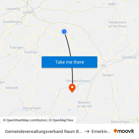 Gemeindeverwaltungsverband Raum Bad Boll to Emerkingen map