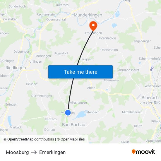 Moosburg to Emerkingen map
