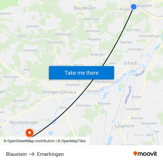 Blaustein to Emerkingen map