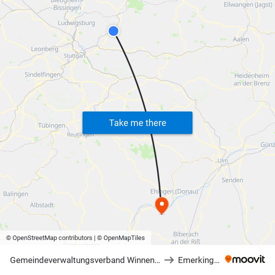 Gemeindeverwaltungsverband Winnenden to Emerkingen map