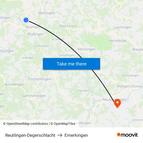 Reutlingen-Degerschlacht to Emerkingen map
