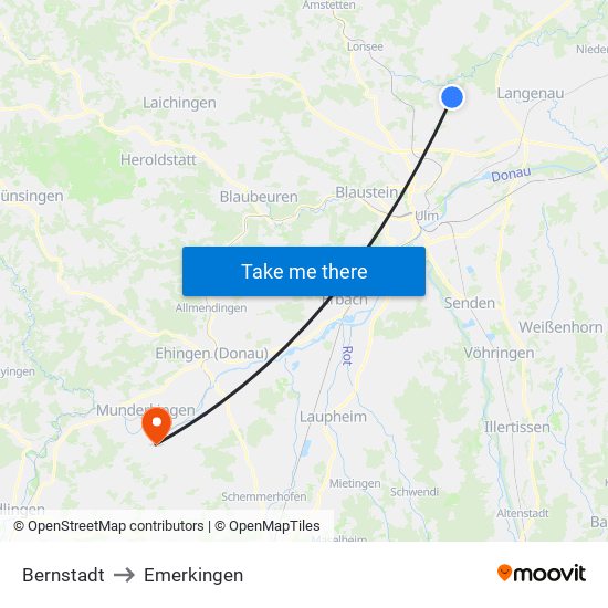 Bernstadt to Emerkingen map