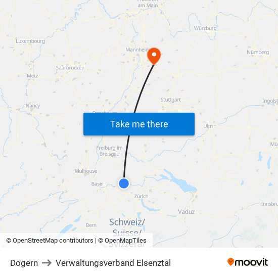 Dogern to Verwaltungsverband Elsenztal map