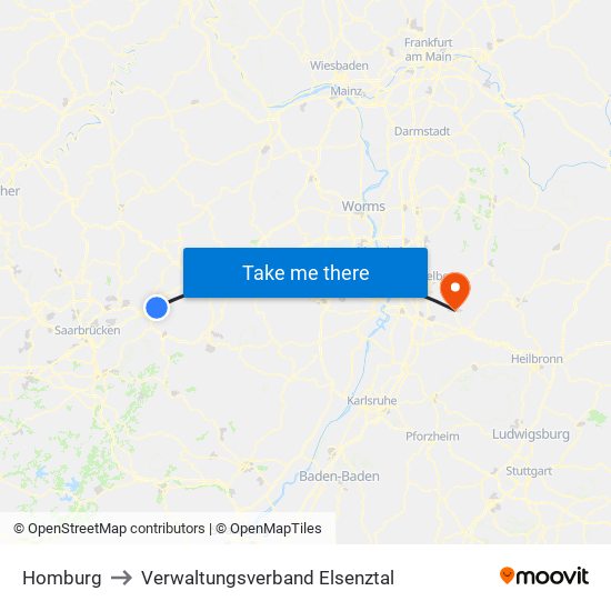 Homburg to Verwaltungsverband Elsenztal map