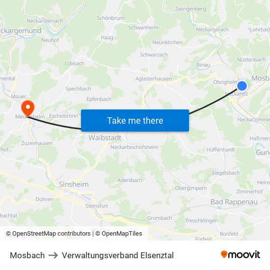 Mosbach to Verwaltungsverband Elsenztal map