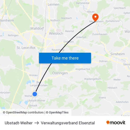Ubstadt-Weiher to Verwaltungsverband Elsenztal map