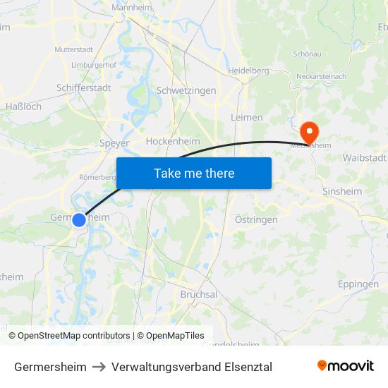 Germersheim to Verwaltungsverband Elsenztal map
