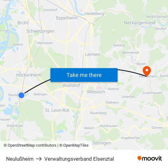 Neulußheim to Verwaltungsverband Elsenztal map