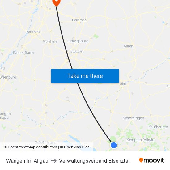 Wangen Im Allgäu to Verwaltungsverband Elsenztal map